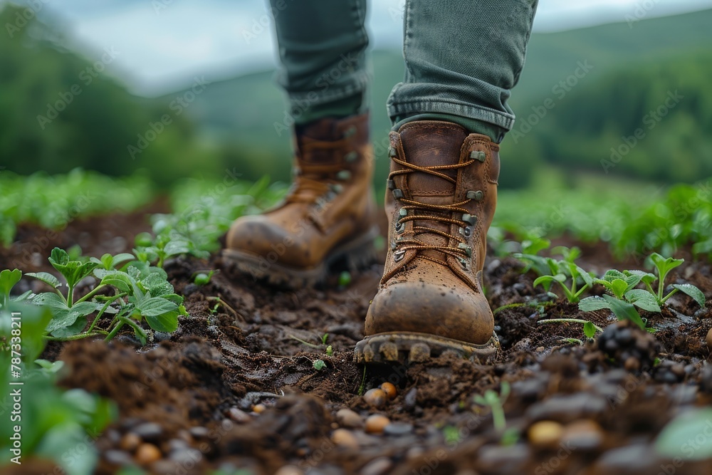 Close-up of rugged boots on rich fertile soil amidst lush greenery, suggesting adventure and exploration in the great outdoors