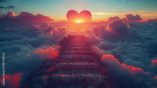 A magical staircase ascends to heart-shaped clouds, embodying the surreal pursuit of chasing dreams. photo