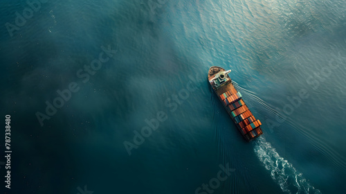 Aerial panorama of a cargo ship carrying container for import and export business logistic and transportation in open sea with copy space : Generative AI photo