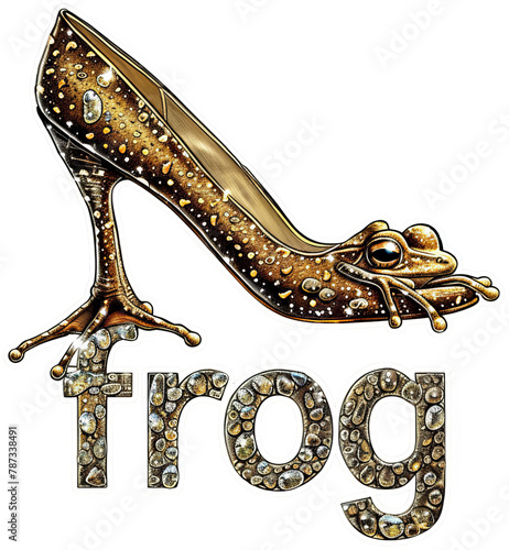 a gold shoe with a frog on the heel. transparent background png