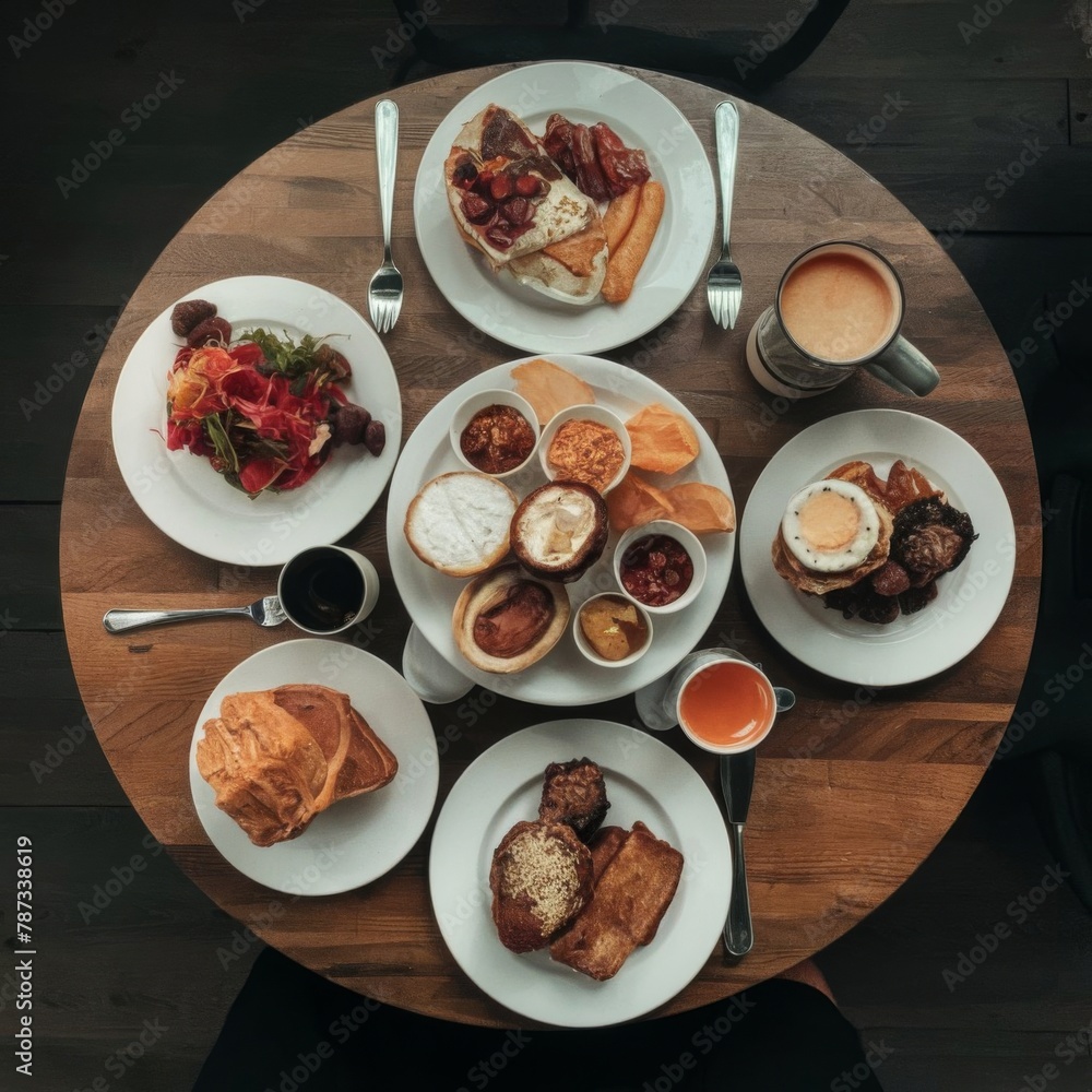 Morning Breakfast. Plates with food. Coffee cups. Morning Breakfast. Plates with food. Coffee cups.