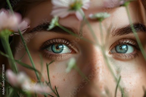 Woman portrait with flowers, close-up