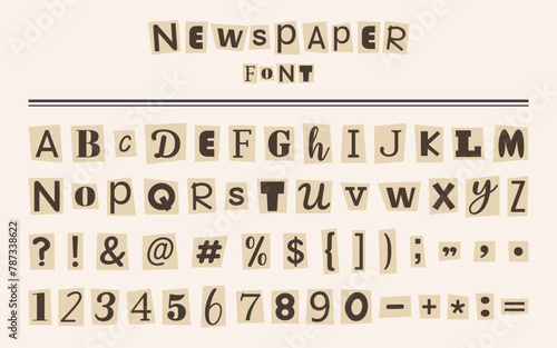 Cut letters from old yellowed magazines. Anonymous newspaper font for collage. Vintage clipping alphabet for poster, banner, greeting card, social media, web design
