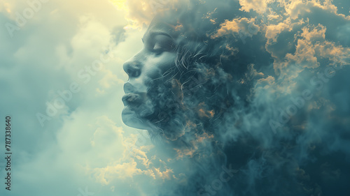 In ethereal clouds, a girl's face emerges, a surreal vision of dreamscape beauty and fantasy
