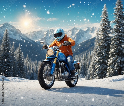 a man riding a motorcycle with the snow on the mountains in the background
