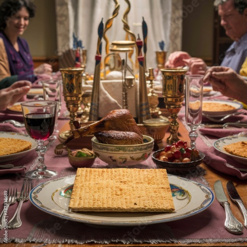 Passover Seder plate with traditional food, wine. Judaism Family celebrate. 