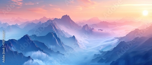 Sunrise over a misty mountain range, layers of peaks bathed in soft, warm light , high-resolution photo