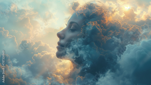 Girl's profile amidst abstract clouds, symbolizing the enchanting allure of dreamscapes. photo
