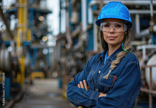 Portrait of a beautiful female worker in the oil and gas industry wearing protective glasses and a helmet standing at an industrial plant with production equipment in the background. © Kien