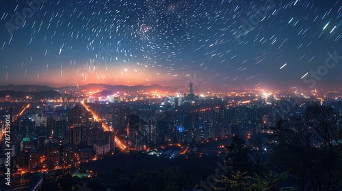 Timelapse of the night sky over a bustling city, star trails contrasting with urban lights , 3D style photo