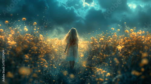 Girl strolls through vibrant flower field, lost in dreamy reverie amidst nature's beauty. photo
