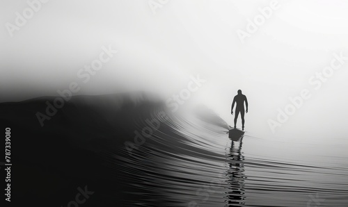Silhouette of a surfer standing on a rocky shore. Black white surfing summer theme. Holiday and vacation. High quality AI generated image photo