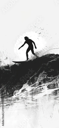 Silhouette of a surfer standing on a rocky shore. Black white surfing summer theme. Holiday and vacation. High quality AI generated image