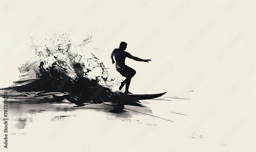 Fototapeta premium Silhouette of a surfer standing on a rocky shore. Black white surfing summer theme. Holiday and vacation. High quality AI generated image