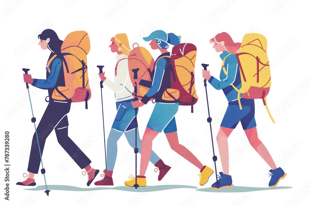 illustration a group of people hiking in a beautiful natural area. No shadows illustration a group of people hiking in a beautiful natural area. No shadows