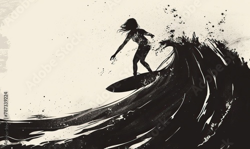 Silhouette of a surfer standing on a rocky shore. Black white surfing summer theme. Holiday and vacation. High quality AI generated image