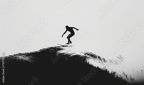 Silhouette of a surfer standing on a rocky shore. Black white surfing summer theme. Holiday and vacation. High quality AI generated image