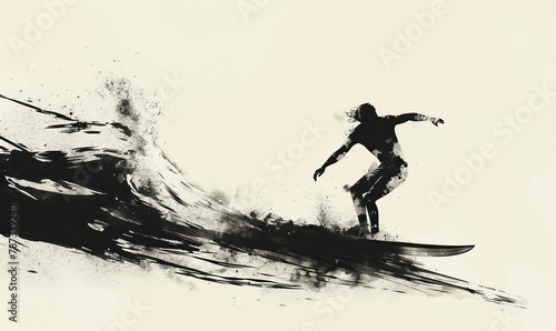 Silhouette of a surfer standing on a rocky shore. Black white surfing summer theme. Holiday and vacation. High quality AI generated image