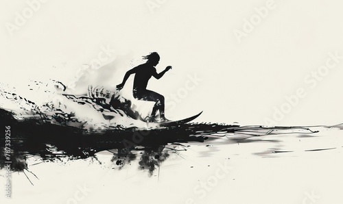 Silhouette of a surfer standing on a rocky shore. Black white surfing summer theme. Holiday and vacation. High quality AI generated image
