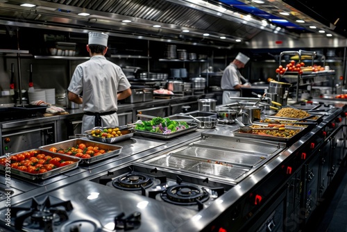 Professional chefs in a bustling kitchen environment focus on perfecting dishes with fresh ingredients
