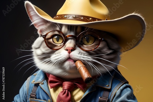 cowboy cat in a hat with a cigar  isolated on a yellow background  art