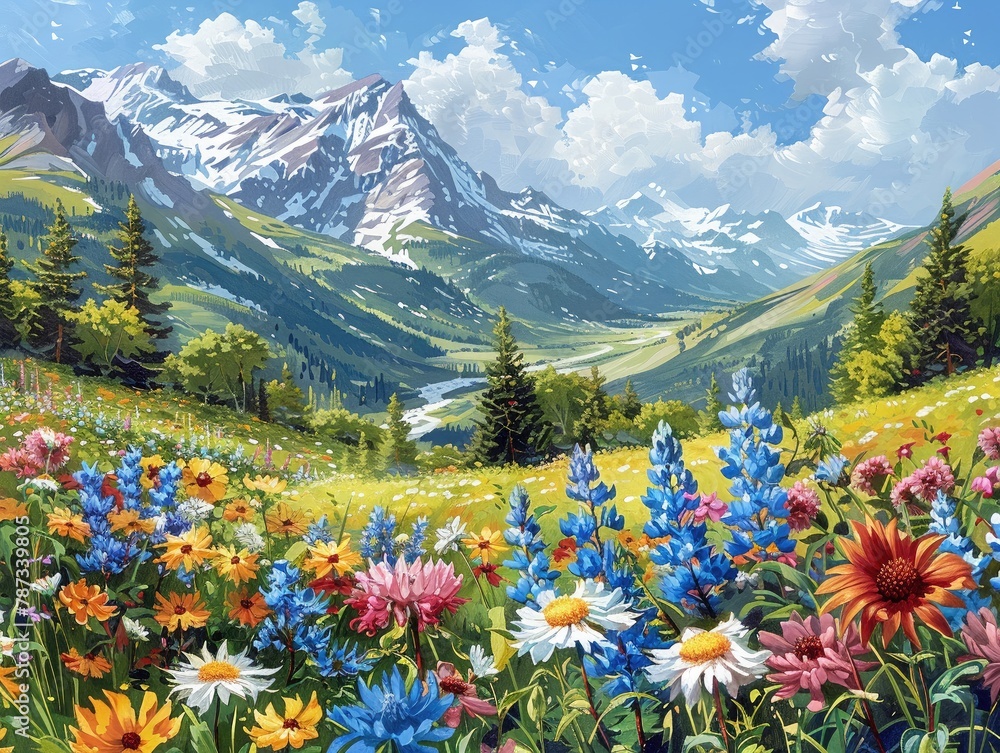 Vibrant patchwork of wildflowers in a mountain meadow, snowcapped peaks in the distance , high-resolution