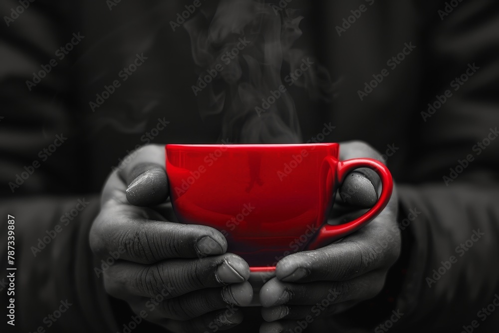 Hands cradling a red coffee cup, with steam rising, against a monochrome background, evoking a feeling of warmth and comfort. - obrazy, fototapety, plakaty 