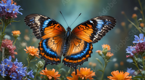 a vibrant orange and black butterfly with outstretched wings, perched among colorful wildflowers, creating a vivid and detailed portrait of nature's beauty © Kevin