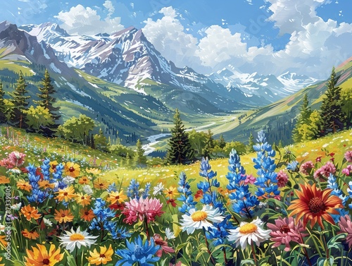 Vibrant patchwork of wildflowers in a mountain meadow, snowcapped peaks in the distance , high-resolution © Mini