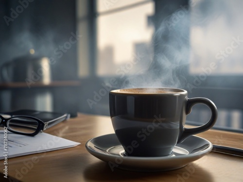 coffee mug with glasses and paper on the table in the room