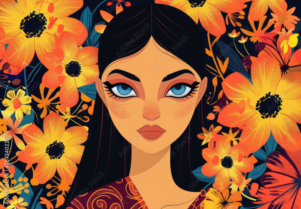 beautiful woman with flowers in the background, vector art