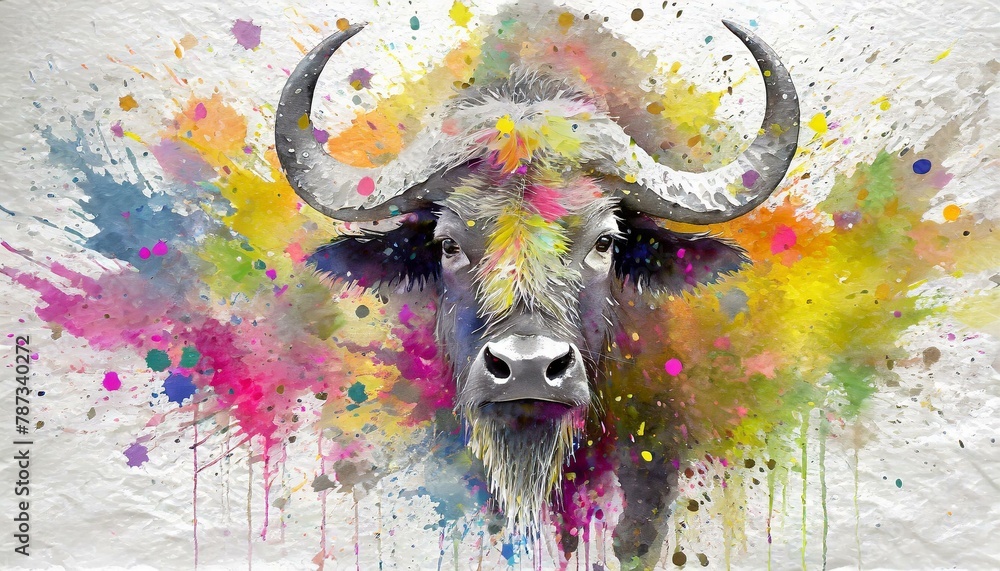 Modern colorful watercolor painting of a buffalo, textured white paper background, vibrant paint splashes.  - obrazy, fototapety, plakaty 