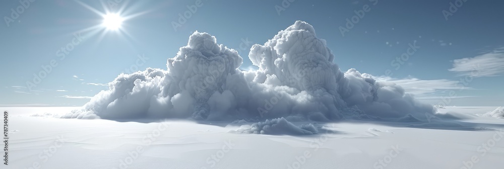 Bright white cloudscape with a single shining sun high in the sky. - obrazy, fototapety, plakaty 