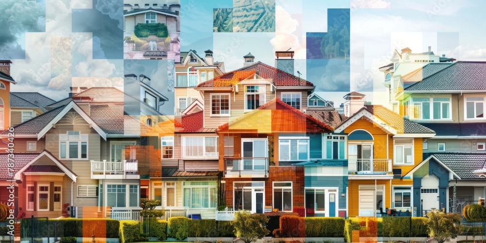 A creative collage of real estate properties, including residential homes, commercial buildings, and industrial spaces. 