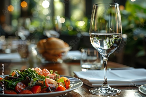 An elegant restaurant table presents a fresh salad and a glass of water with a blurred background of glasses and dishes