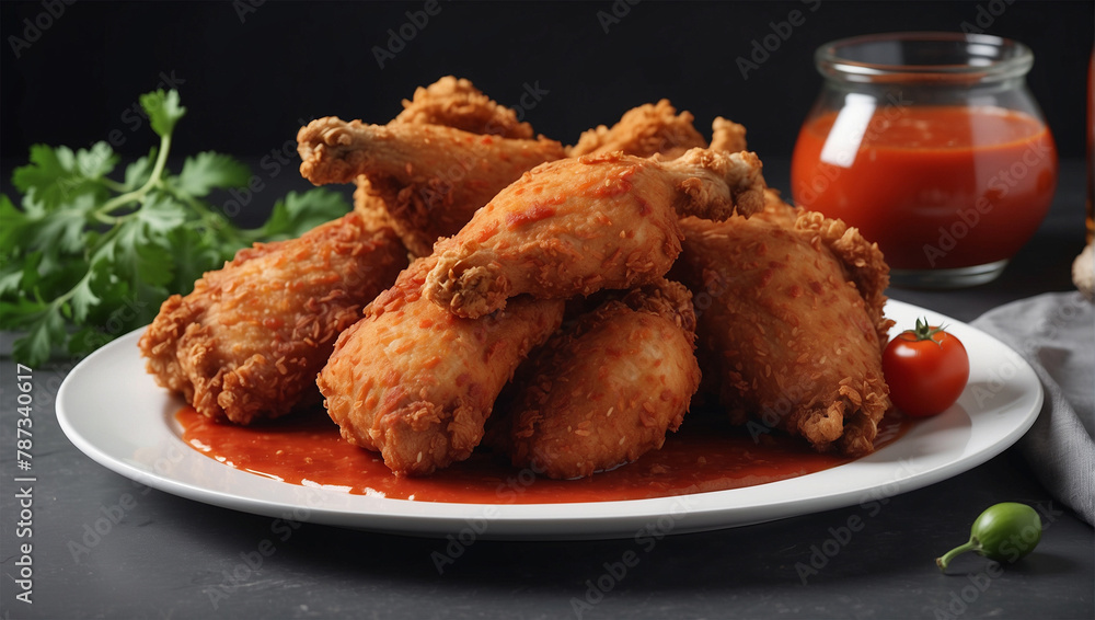 Crispy fried chicken on a plate with tomato sauce Crispy fried chicken on a plate with tomato sauce