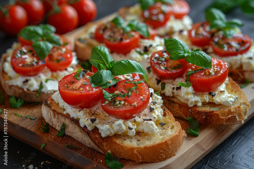Delectable bruschetta topped with fresh tomatoes, basil, and cottage cheese, seasoned and arranged on a wooden board