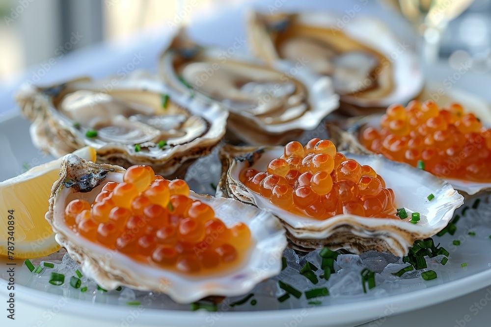 A close-up shot of succulent fresh oysters topped with vibrant salmon roe served with a slice of lemon on a bed of ice A close-up shot of succulent fresh oysters topped with vibrant salmon roe served with a slice of lemon on a bed of ice