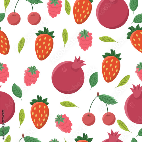 Seamless pattern or background with fruits - strawberries, raspberries, pomegranates, cherries on a white background. Vector