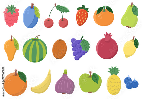 A large set of vector icons of different fruits - banana, strawberry, plum, cherry, raspberry, tangerine, pear, mango, pomegranate, fig, orange and others.