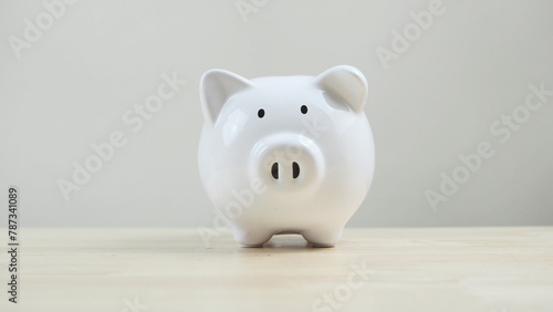 Finance, saving money, white piggy bank on seamless white background. photo