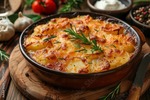 Gourmet potato gratin topped with fresh herbs in an earthy clay pot, a classic French cuisine delight