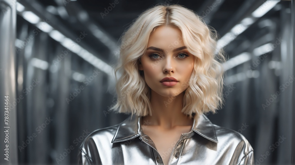 blonde girl silver theme fashion generation-z influencer posing for ad product promotion from Generative AI