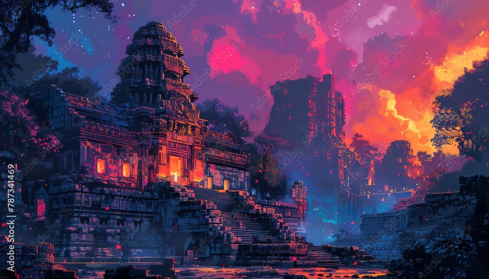 Capture the intricate details of an ancient temple complex in a digital pixel art style, emphasizing vibrant colors and sharp geometric shapes