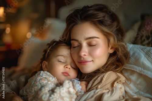 A serene image of a mother and child sleeping, highlighting the bond and peacefulness of maternal love