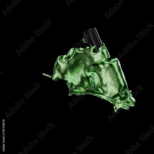 Incredibly creative presentation of a bottle of gel polish splashed with different colors of paint. 3D Render