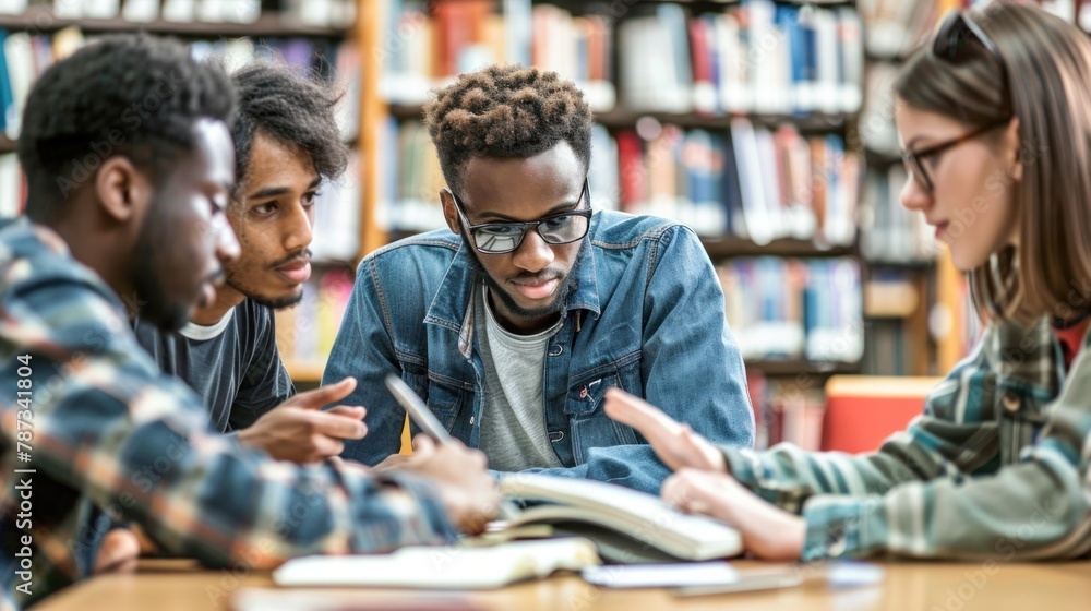 A team of researchers collaborating on a project in a library or research facility. A team of researchers collaborating on a project in a library or research facility.