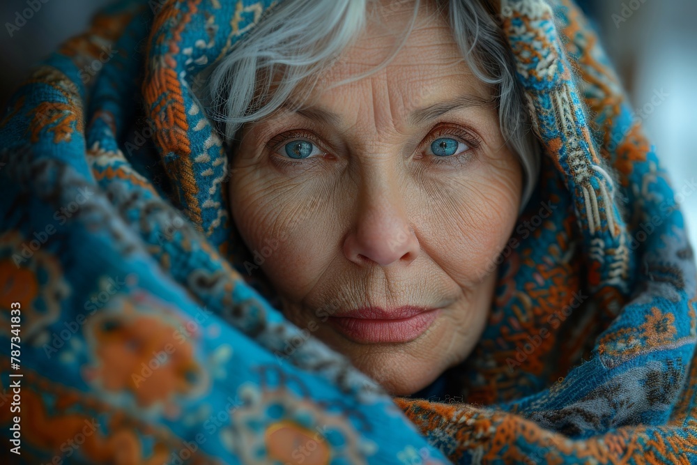 Detailed portrait of a senior woman, her expressive blue eyes conveying a wealth of experiences and emotions