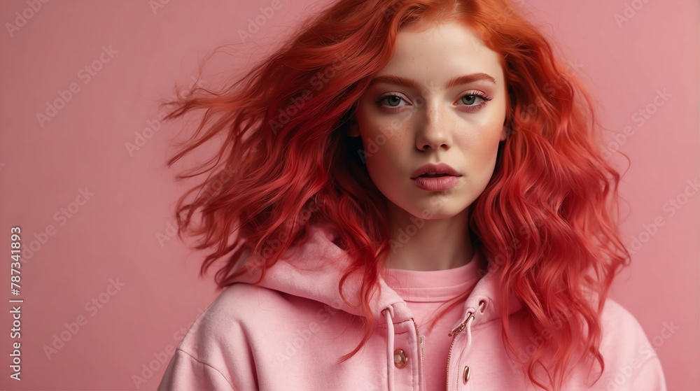 red head girl pink theme fashion generation-z influencer posing for ad product promotion from Generative AI