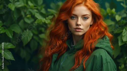 red head girl green theme fashion generation-z influencer posing for ad product promotion from Generative AI
